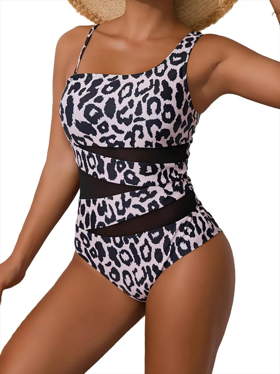 Strappy Leopard Swimsuit One Piece Women Mesh Stitch Swimwear Female Monokini Bathing Swimming Suit Padded Beachwear