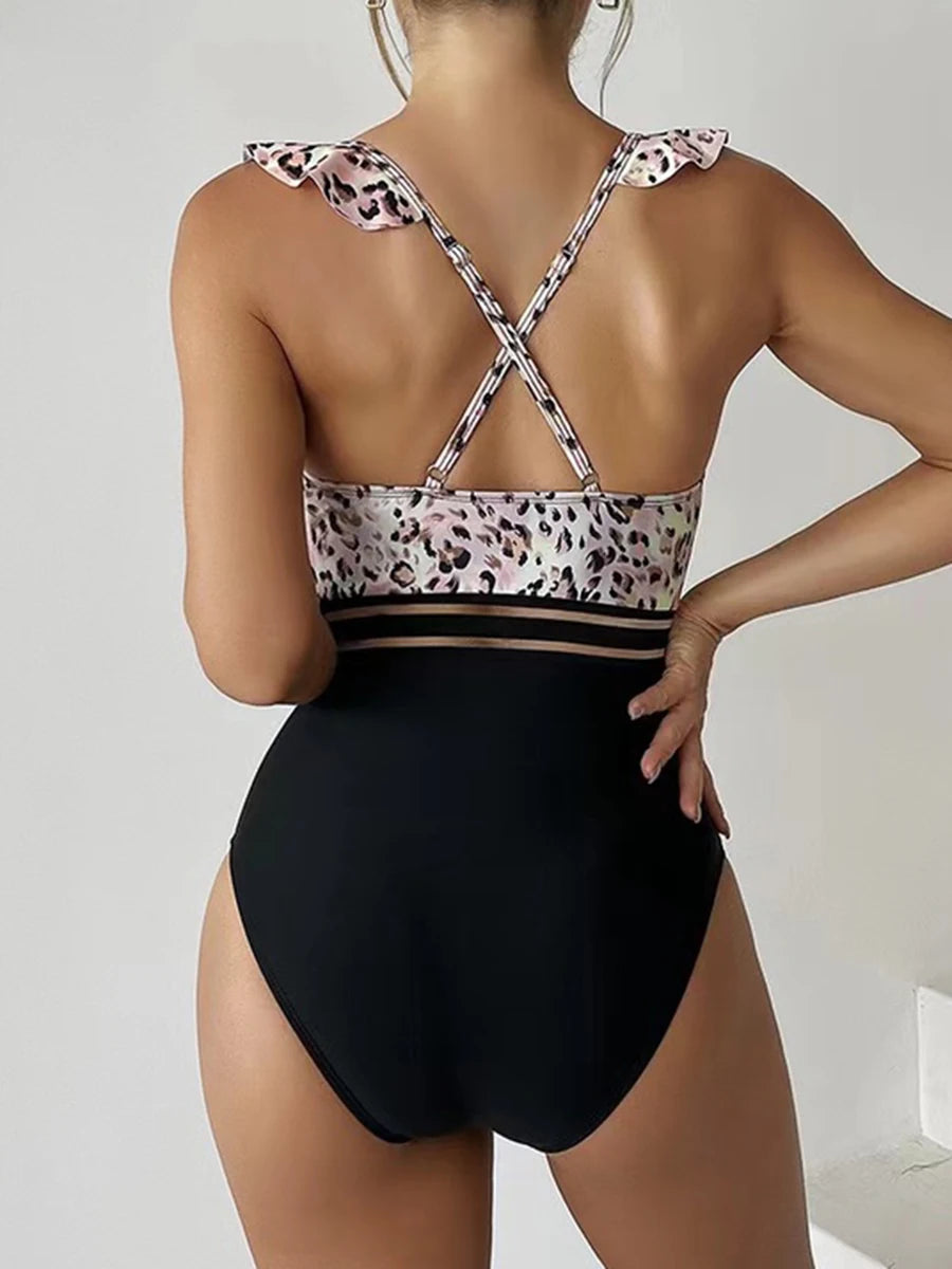Leopard Ruffle One Piece Swimsuit Women High Waist Mesh Tape Swimwear Female Beachwear V-neck Bathing Swimming Suit Summer