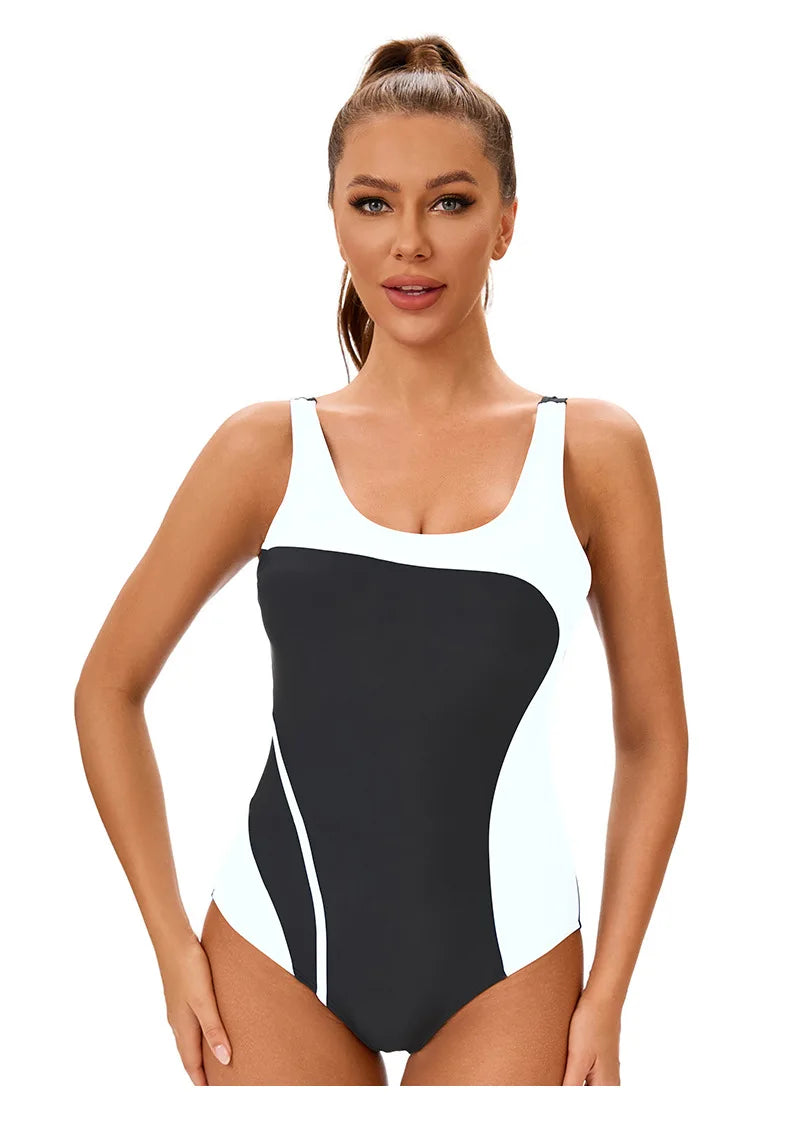 Color Block One-Piece Swimsuit Women's Backless High-Cut Bathing Suit with Tummy Control
