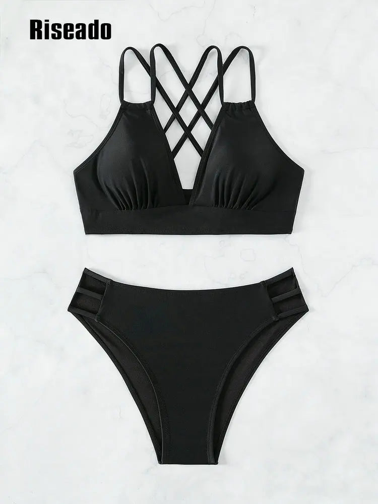 V-neck Mid Waist Bikini Sets Swimsuit for Women Tie Back Two Pieces Beachwear Bathing Suit 2 Pieces Swimwear