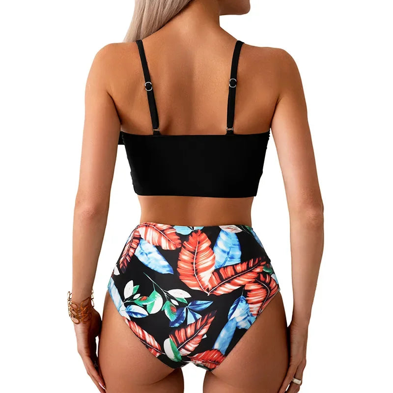 Women Flower Printed Separated Bikini Set Fashion Bow Tie Style High Waist Swimwear Shorts Beach Wear