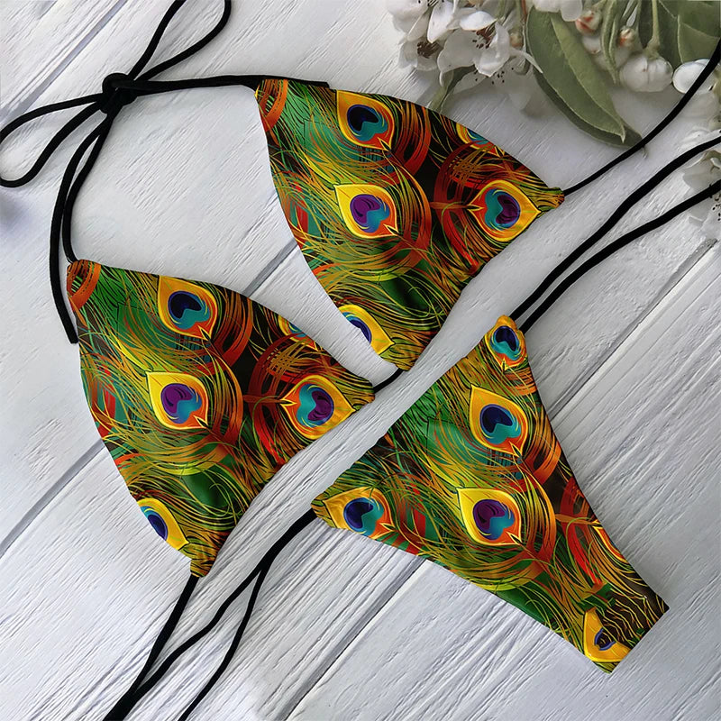 Fashion Ladies Bikini Set 3D Printed Peacock Feather Pattern Split Swimsuit Deep V Lace up Beach Vacation Surfing Swimsuit