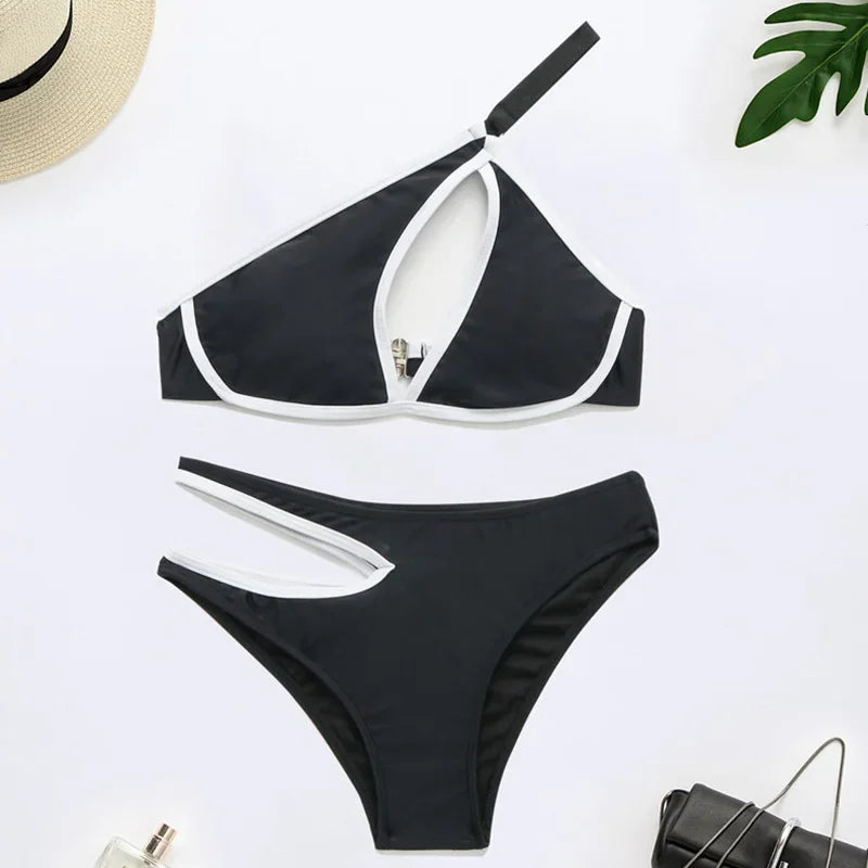 Splicing One Shoulder High Cut Out Bikini Women Swimsuit Female Swimwear Two-pieces Bikini set Asymmetric Bathing Suit Swim Lady