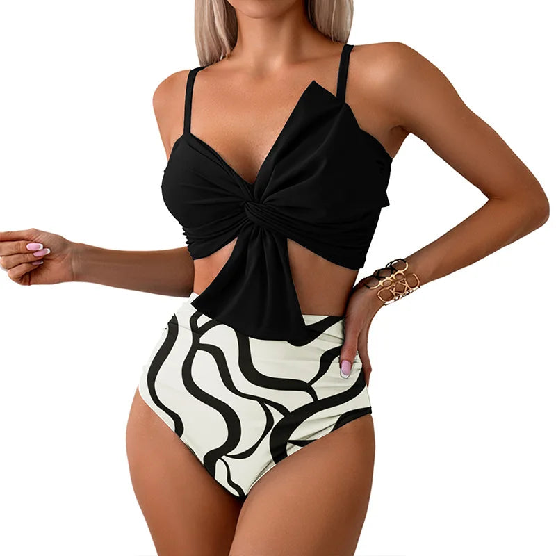 Women Flower Printed Separated Bikini Set Fashion Bow Tie Style High Waist Swimwear Shorts Beach Wear