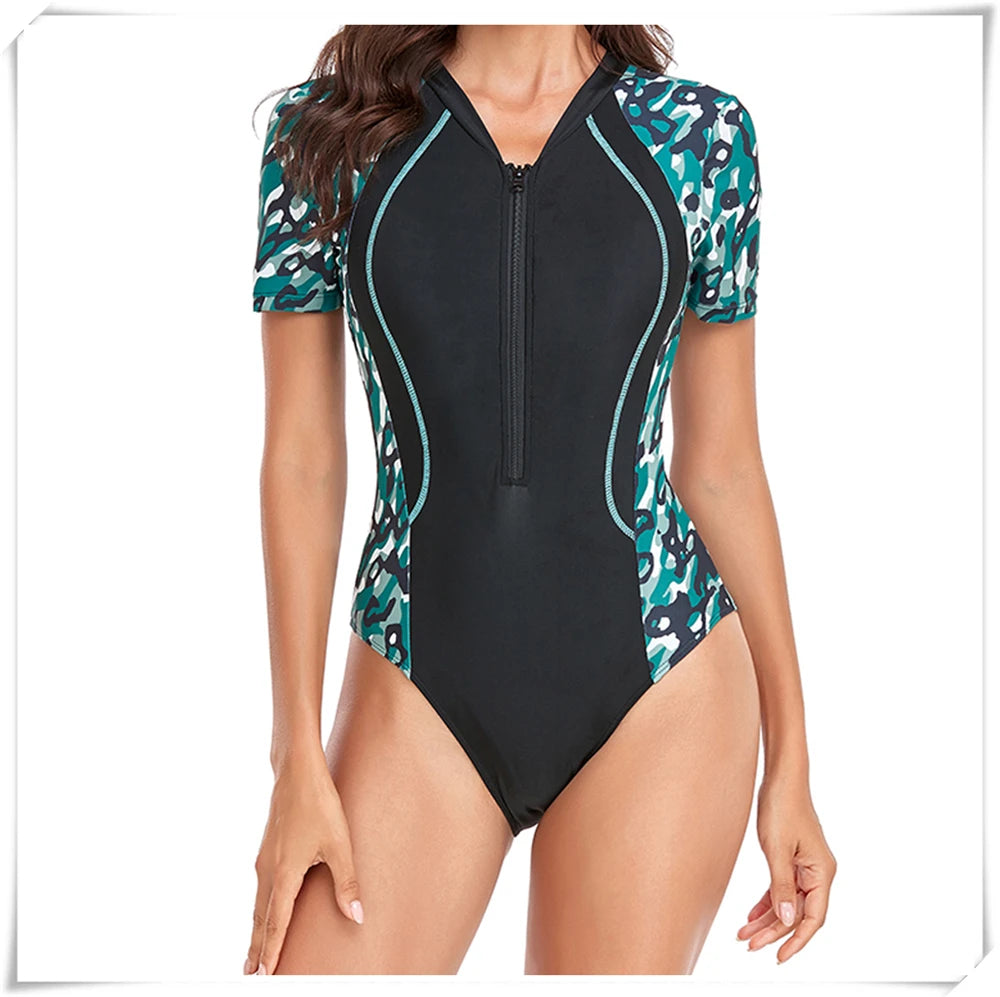 Short Sleeve Zipper One Piece Swimsuit Zebra Print Swimwear Women Diving Clothes Surfing Beachwear Bathing Swimming Suit