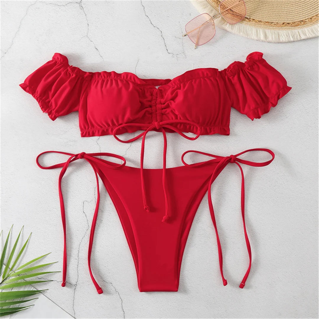 Off Shoulder High Cut Scrunch Butt Bikini Women Swimwear Female Swimsuit Two-pieces Bikini set Bather Bathing Suit Swim