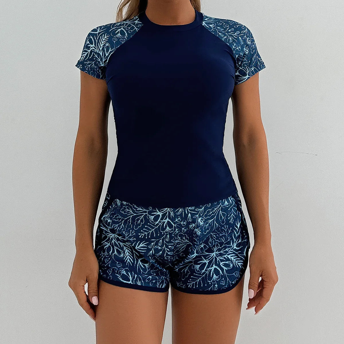 Rash Guard Swimsuit for Women 2 Piece Swimsuit High Waist Tankini Short Sleeve Round Neck Patchwork Bikini Set Swimwear