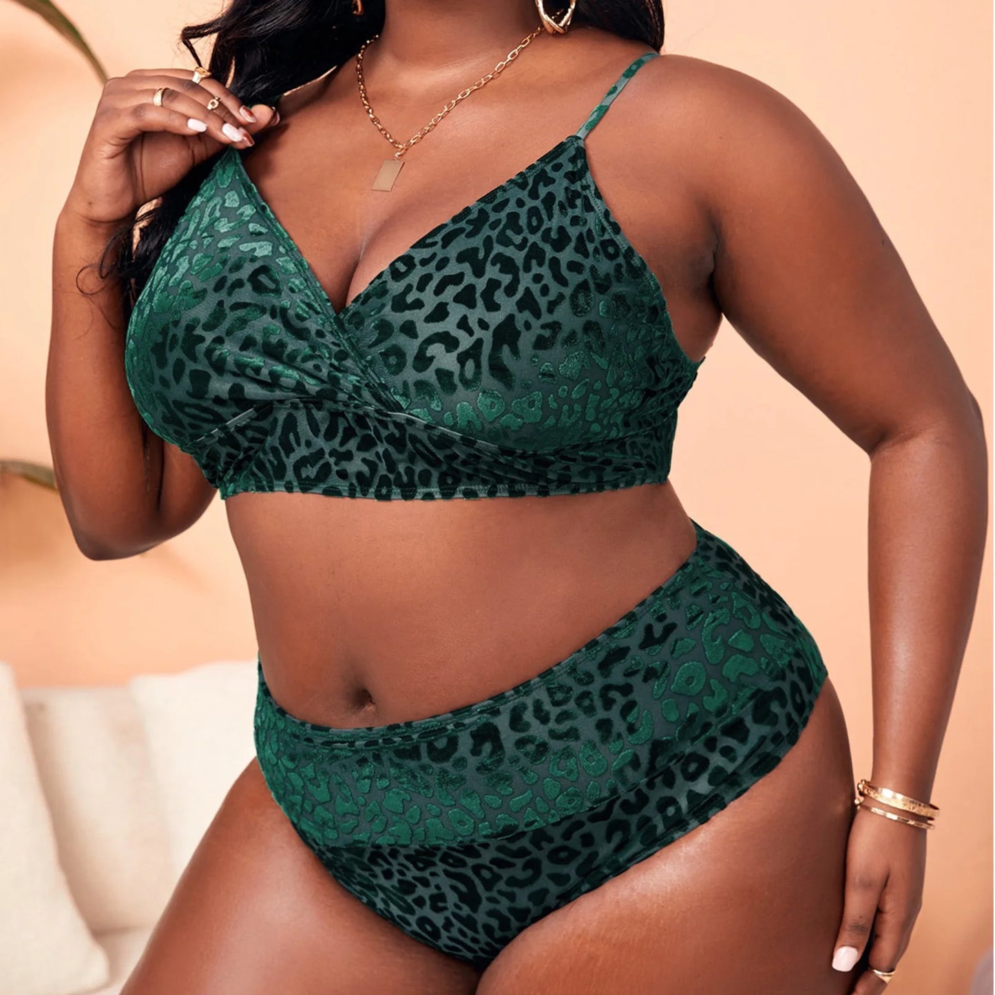 Women's Plus Size Bikini Set Leopard Printed Back Lace Up Strap High Waist Swimsuit Summer