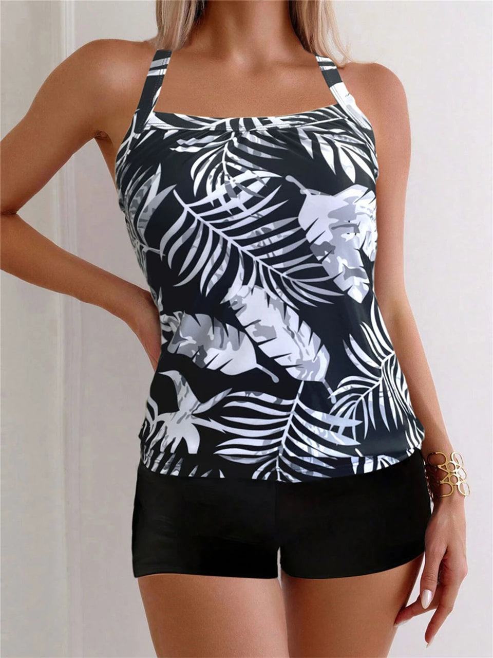 Printed Tankini Set Two Pieces Swimsuit Women Strappy Criss Cross Swimwear Female Bathers Bathing Swimming Suit Beachwear