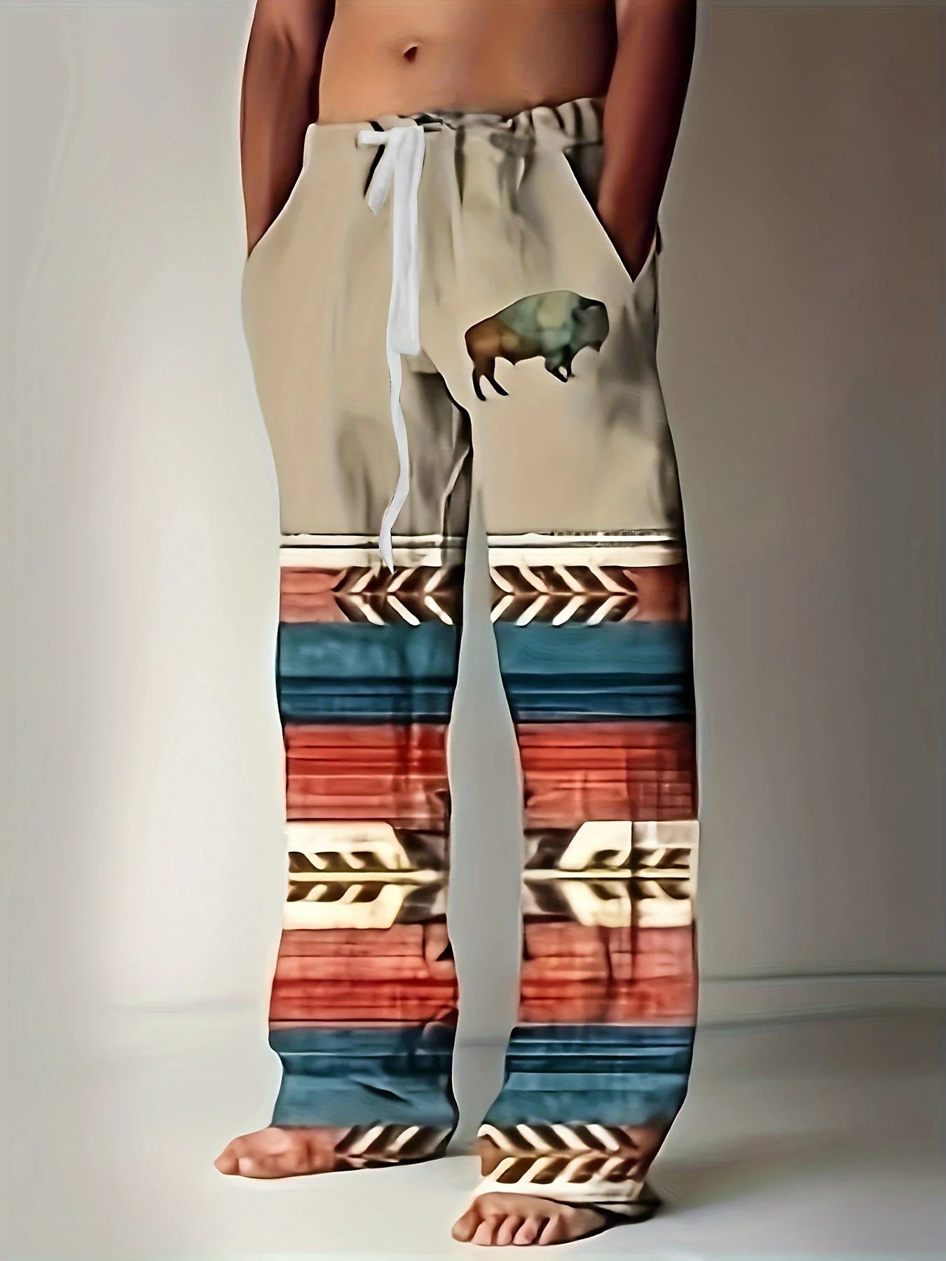 Summer Men's Cotton Linen Casual Pants Retro Ethnic Printing Mid Waist Drawstring Closure Large Size Wide Leg Beach Pants