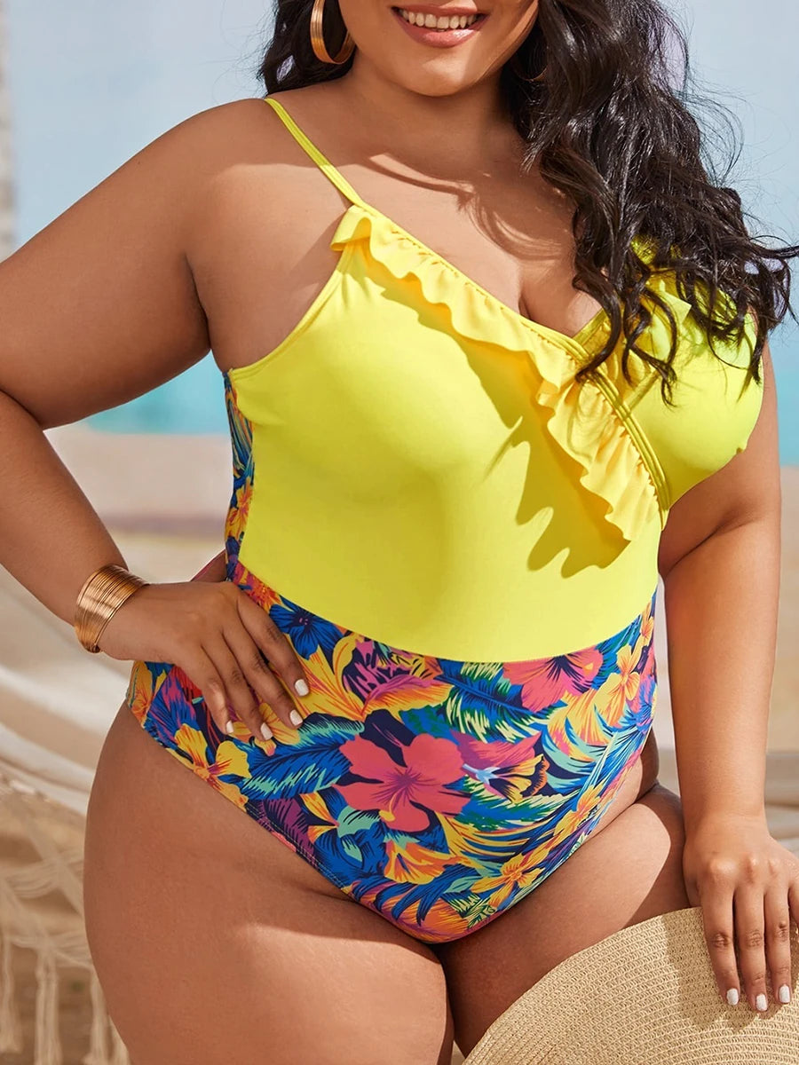Large Plus Size Swimsuit Women One Piece Floral Ruffle Swimwear Female Bathers Bathing Swimming Swim Suit Beachwear