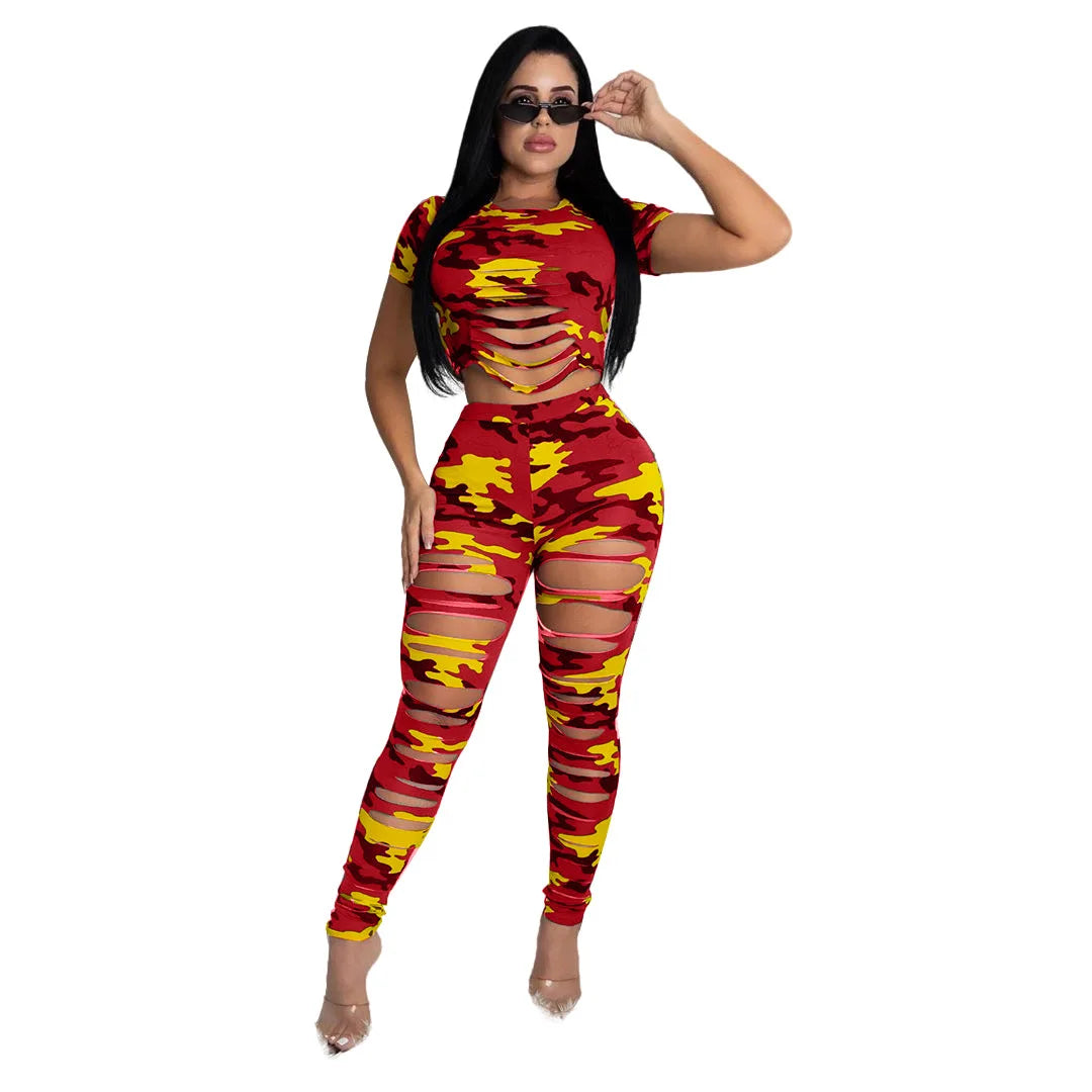 Wmstar Women Two Piece Set Summer Sport Fashion Casual Ripped Sweatshirt Sweat Camouflage Print Pant Sets Outfit Tracksuit