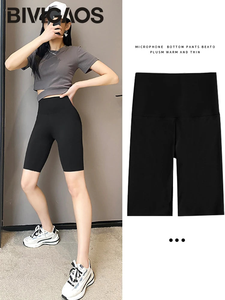 BIVIGAOS Summer Basic Cycling Shorts Women Casual Sharkskin Knee Length Short Legging High Waist Tight Sport Running Biker Short