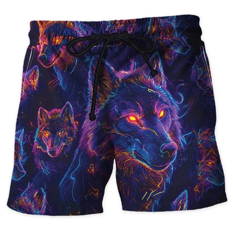 Neon Animal Graphic Beach Shorts, Men's Fashionable Summer Streetwear, 3D Printed Shorts, Cool Oversized Swimming Trunks
