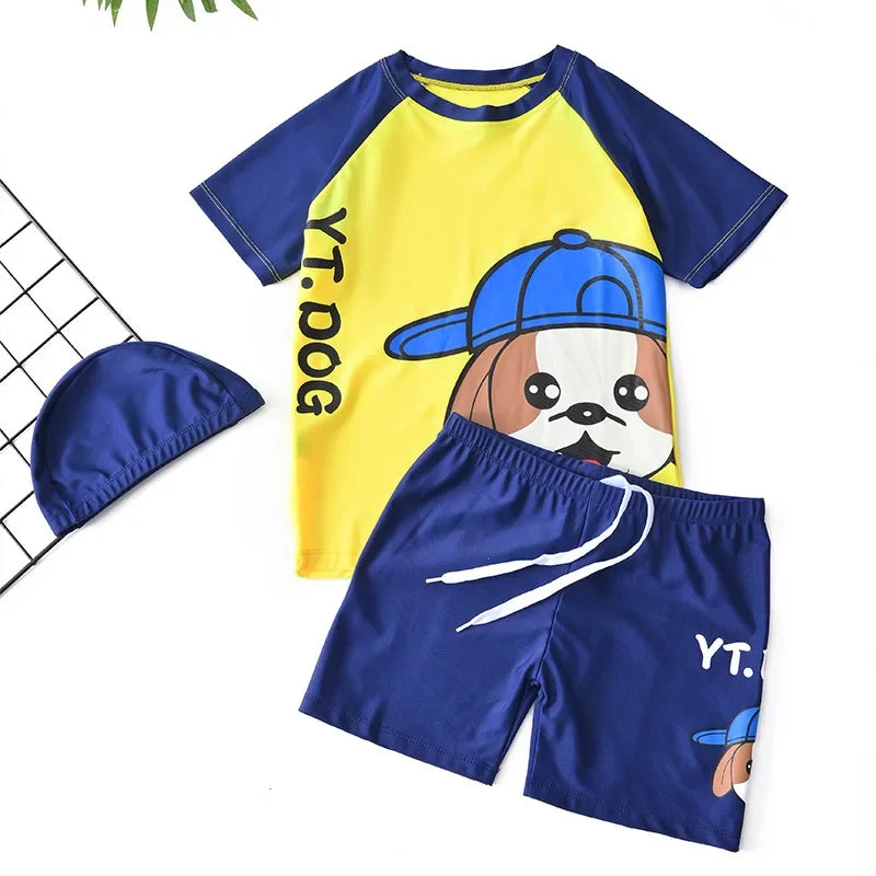 Children's Swimming Suit Teenage Boys' Swimsuits with Cap Cartoon Dog Sun Protection Short Sleeved Sports Swimwear Kids