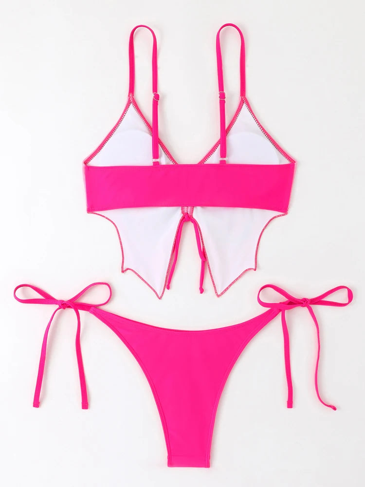 Butterfly Print Strapped Swimwear Women Tied High Cut Bikini Set Push Up Swimsuit Backless Summer Beach Bathing Suit Bathers