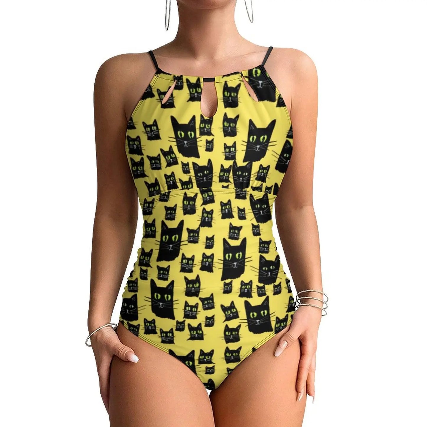 Funny Cat Swimsuit Cartoon Animal Print Women Swimwear One-Piece Bodysuit Holiday Swim Push Up High Cut Beach Outfits