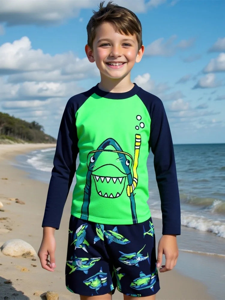 Boy Kids Swimsuit Cartoon Shark Long Sleeves Children Swimwear Summer Two Piece Beachwear Shorts Bathing Suit Swimming