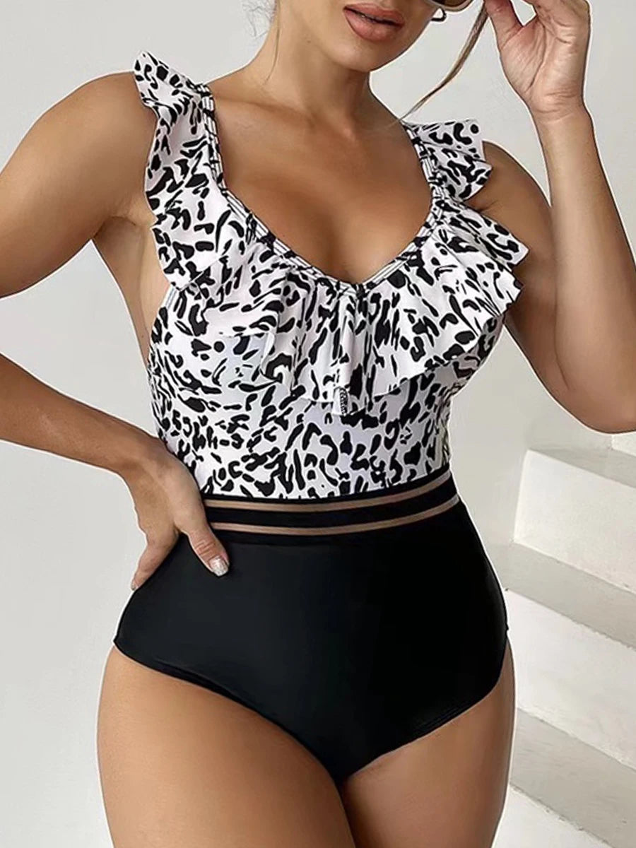 Leopard Ruffle One Piece Swimsuit Women High Waist Mesh Tape Swimwear Female Beachwear V-neck Bathing Swimming Suit Summer