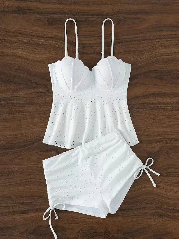 Women's Bathing Suit Two Pieces Push Up Tankini Set Summer Beach Wear White High Waisted Swimwear Women Swimsuit Shorts