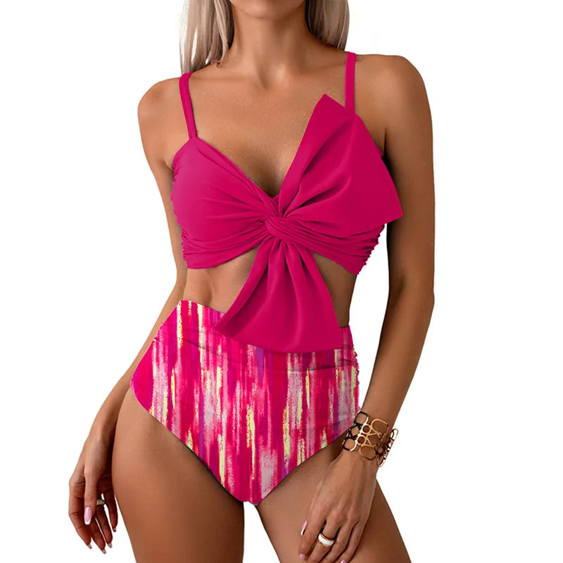 Women Flower Printed Separated Bikini Set Fashion Bow Tie Style High Waist Swimwear Shorts Beach Wear