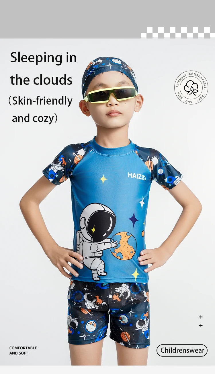 Children's Swimsuit Cartoon Pattern Children's Swimwear Boys Split Design Suitable Swimming Suit Beachwear with Hat