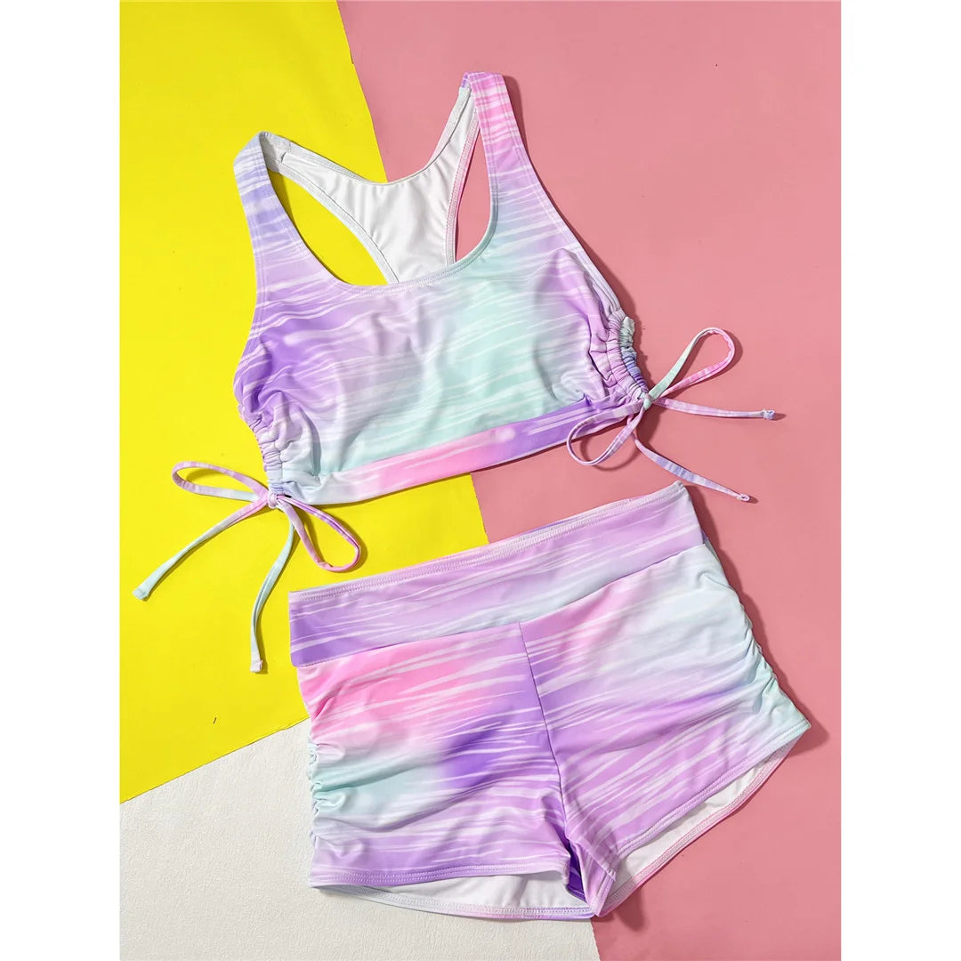 Tie Dye Lace Up Shorts Female Swimsuit High Waist Bikini Women Swimwear Two-pieces Bikini set Bather Bathing Suit Swim