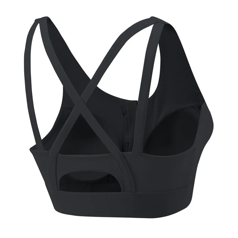 Aiithuug Front Zipper Crisscross Yoga Bra With Built In Cup Women's Strappy Wirefree Sport Gym Pilates Bra High Impact Underwear