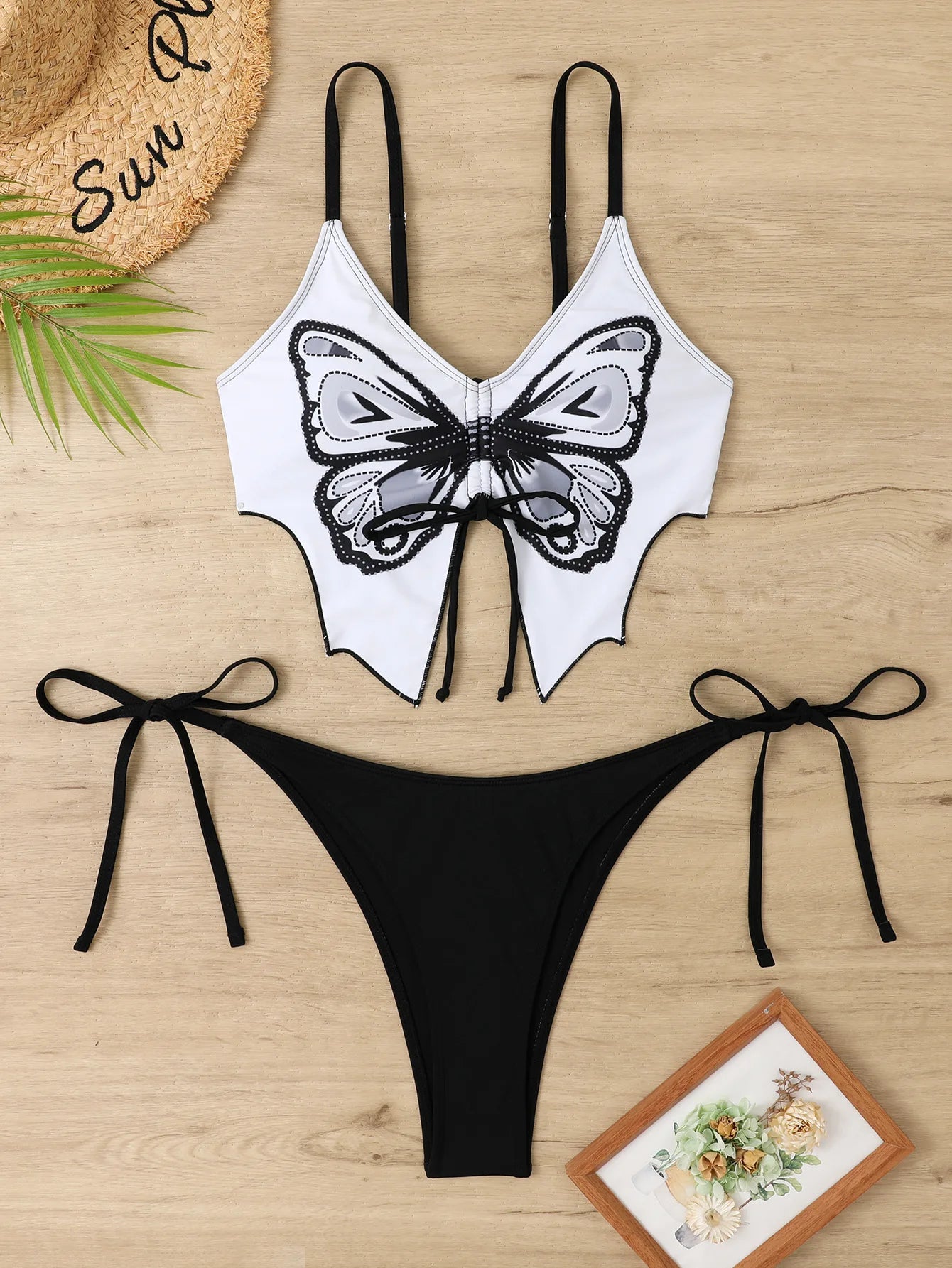 Butterfly Print Strapped Swimwear Women Tied High Cut Bikini Set Push Up Swimsuit Backless Summer Beach Bathing Suit Bathers