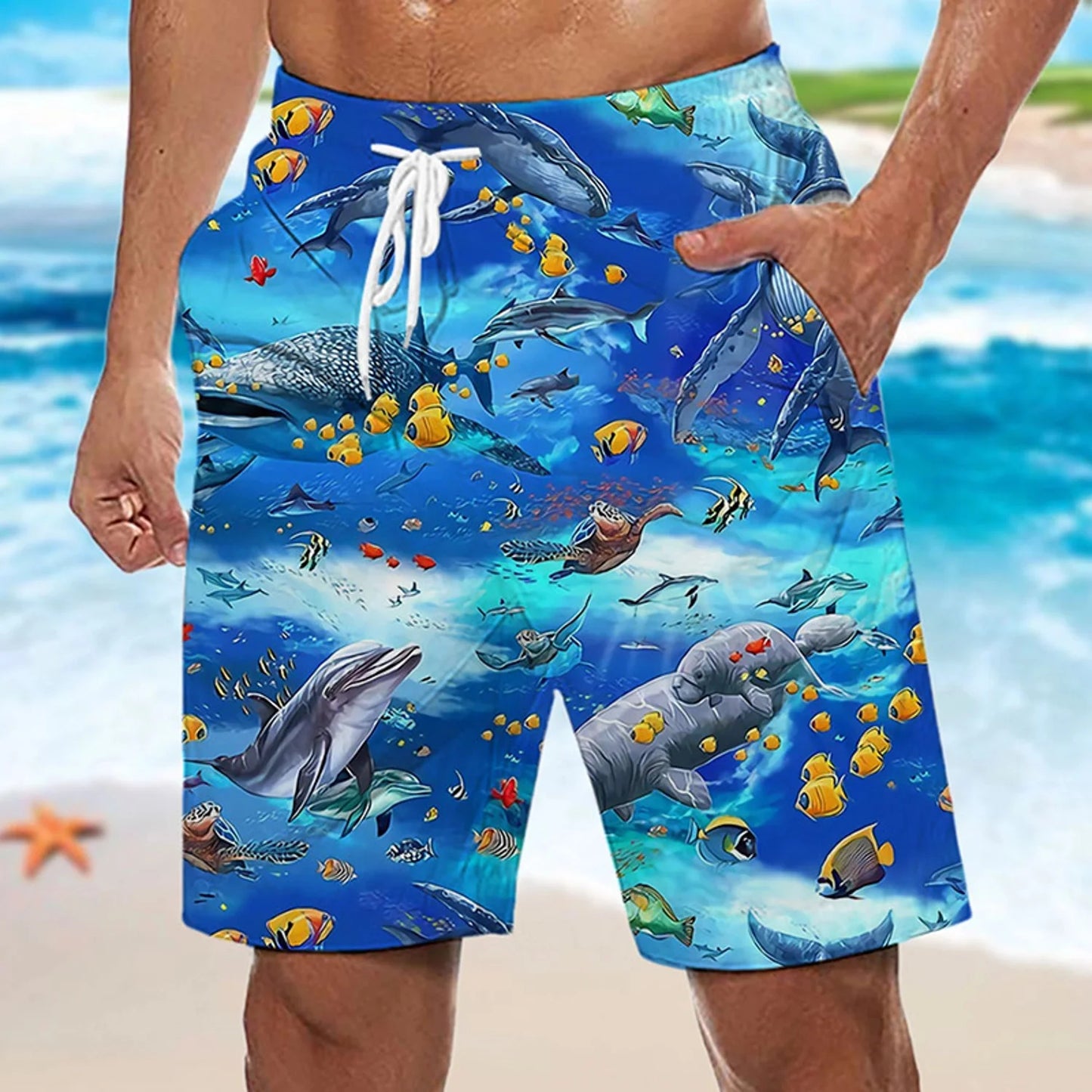 Ocean Fish Graphic Printed Men's Swim Board Shorts Hawaiian Boho Casual Summer Beach Swimming Shorts Breathable Shorts for Man