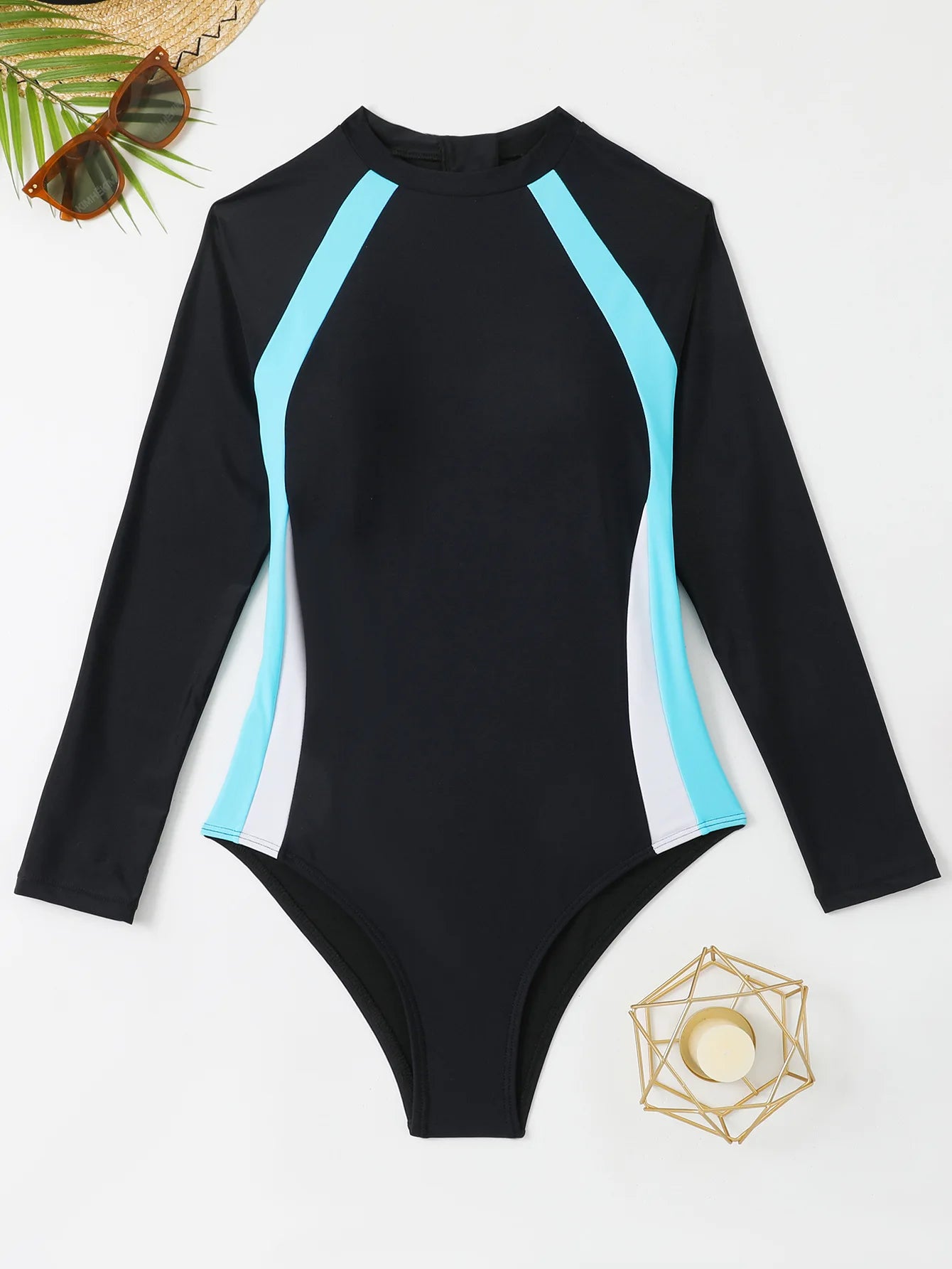 Solid Patchwork Swimwear Women Long Sleeve One Piece Swimsuit Monokini Backless Hollow Summer Bathing Suit
