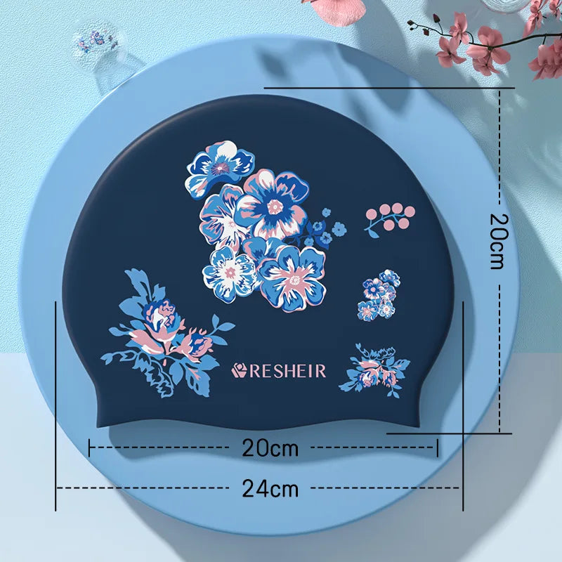 Women's Silicone Swimming Hats Waterproof Printed Swimming Caps Oversized and Comfortable Ear Protection Swim Caps for Long Hair