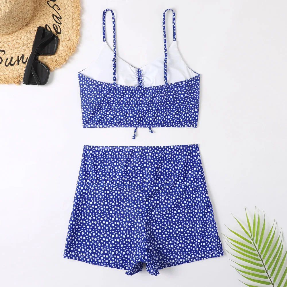 High Waist Bikini Swimsuit Women Floral Print Swim Suits Drawstring Front Shorts Boxers Swimwear Trunks Pool Bathing Suit