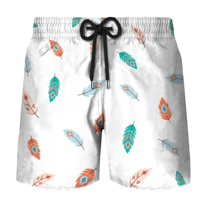 Flower Leaf Graphic Swim Trunks For Men Ethnic Feathers 3D Printed Short Pants Summer Loose Harajuku Sport Street Board Shorts