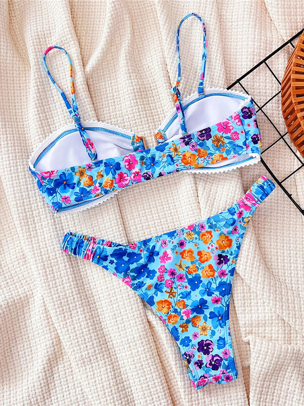 U Neck Flowers Printed Wrinkled Bikini Female Swimsuit Women Swimwear Two-pieces Bikini set Bather Bathing Suit Swim