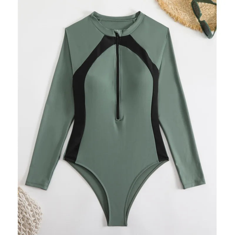 Zipper One Piece Swimsuit Closed Print Long Sleeve Swimwear Sports Surfing Women's Swimming Bathing Suit Beach Bather
