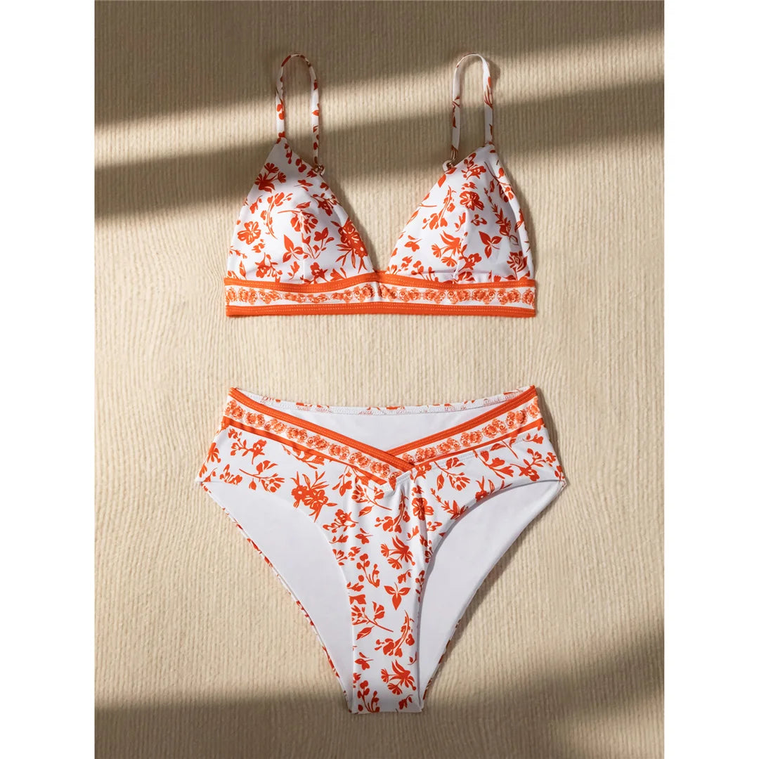 Flowers Printed High Cut Mid Waist Bikini Female Swimsuit Women Swimwear Two-pieces Bikini set Bather Bathing Suit Swim