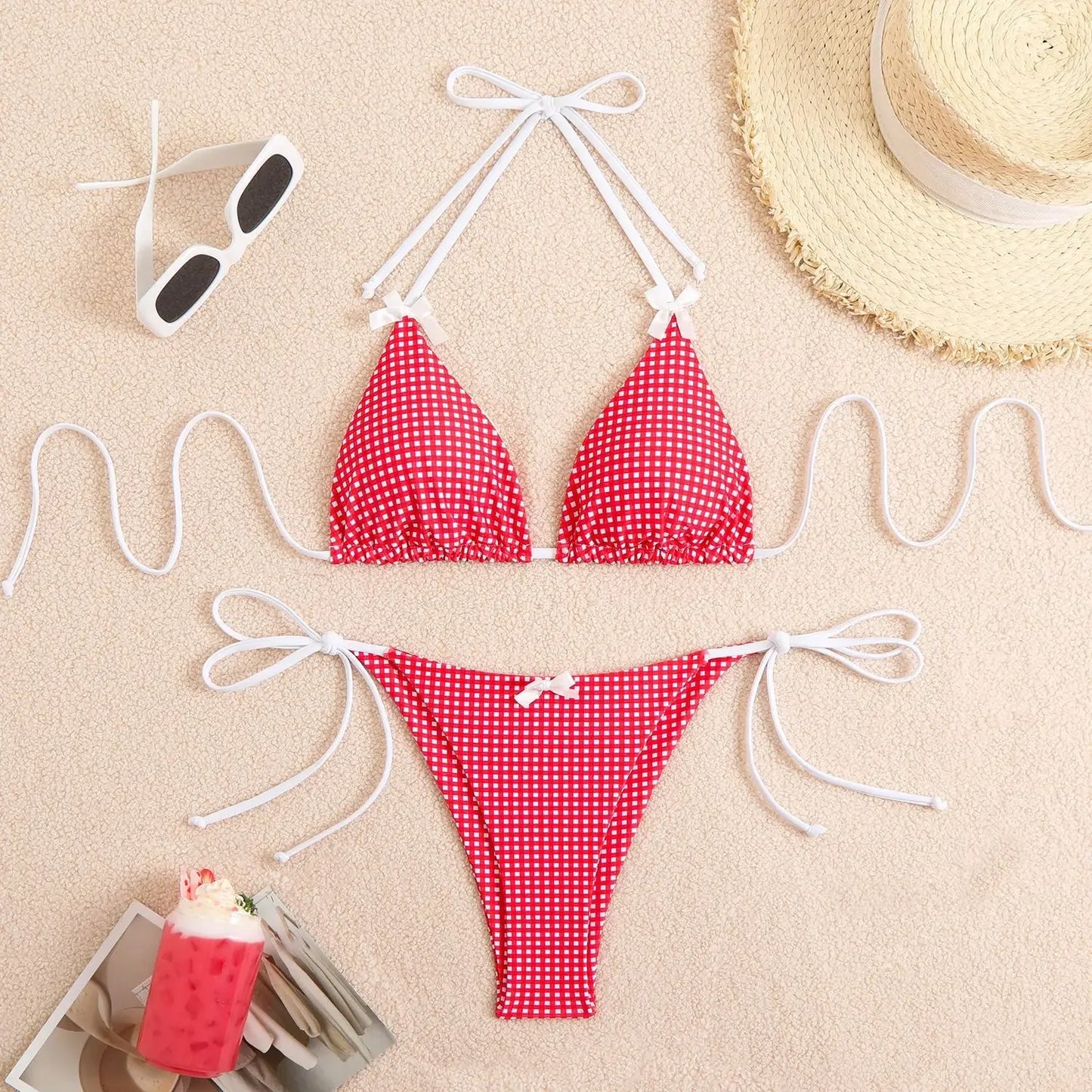 Plaid Bikini Sets Bowknot Little Lattice Printed Swimsuit Beach Pool Vacation Adjustable Lacing Bikini Suit