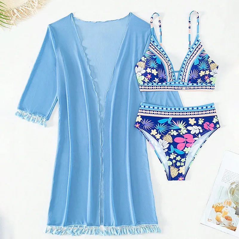 Striking Blue Floral Women's Bikini Set Three-piece swimsuit