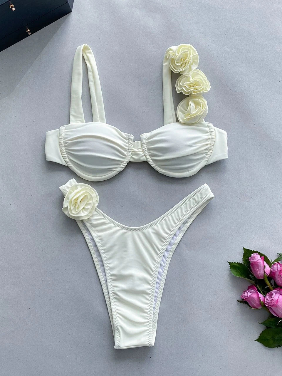 Strappy Bikinis 3D Floral Swimsuit Women Separation Swimwear Female Bathers Bathing Swimming Suit Beachwear