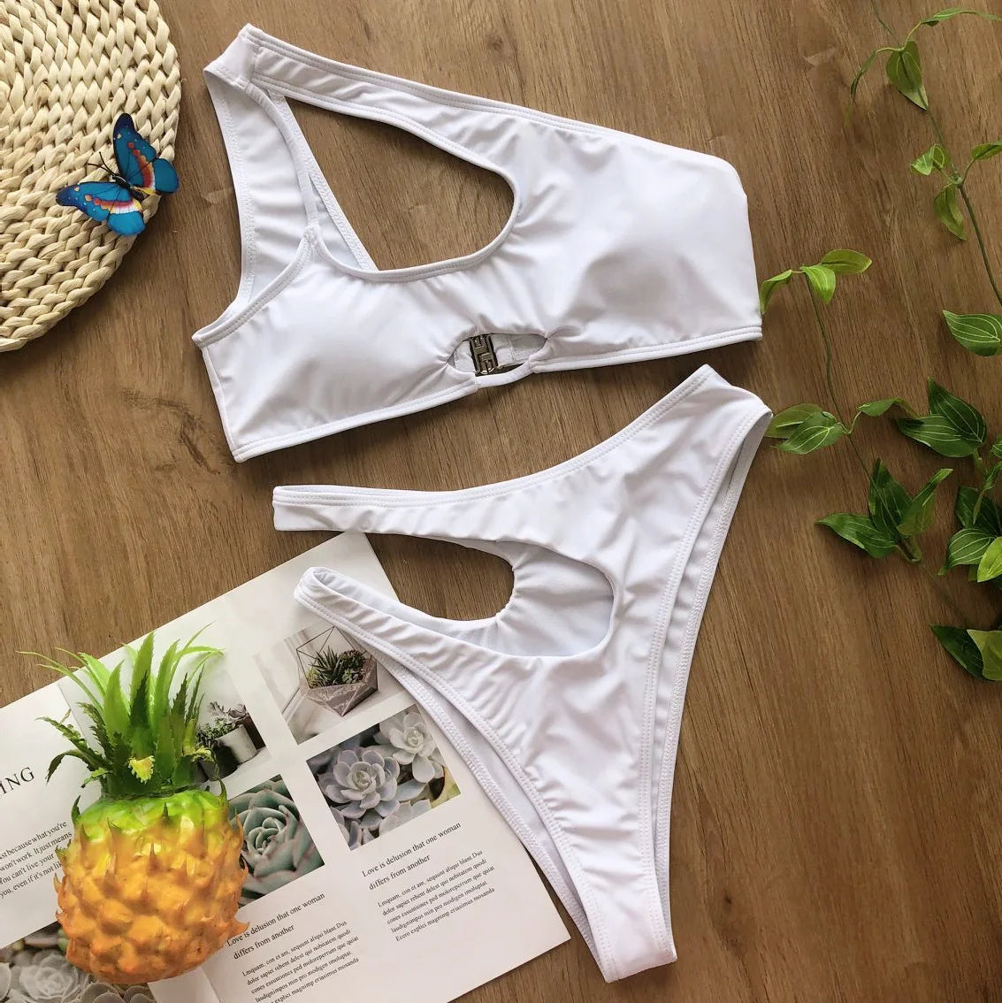Solid color swimsuit irregular diagonal shoulder bikini Swimwear Beach Bathing Suits