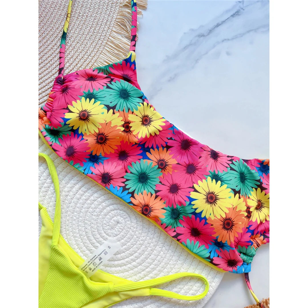Flowers Printed Mini Thong High Cut Bikini Female Swimsuit Women Swimwear Two-pieces Bikini set Bather Bathing Suit Swim