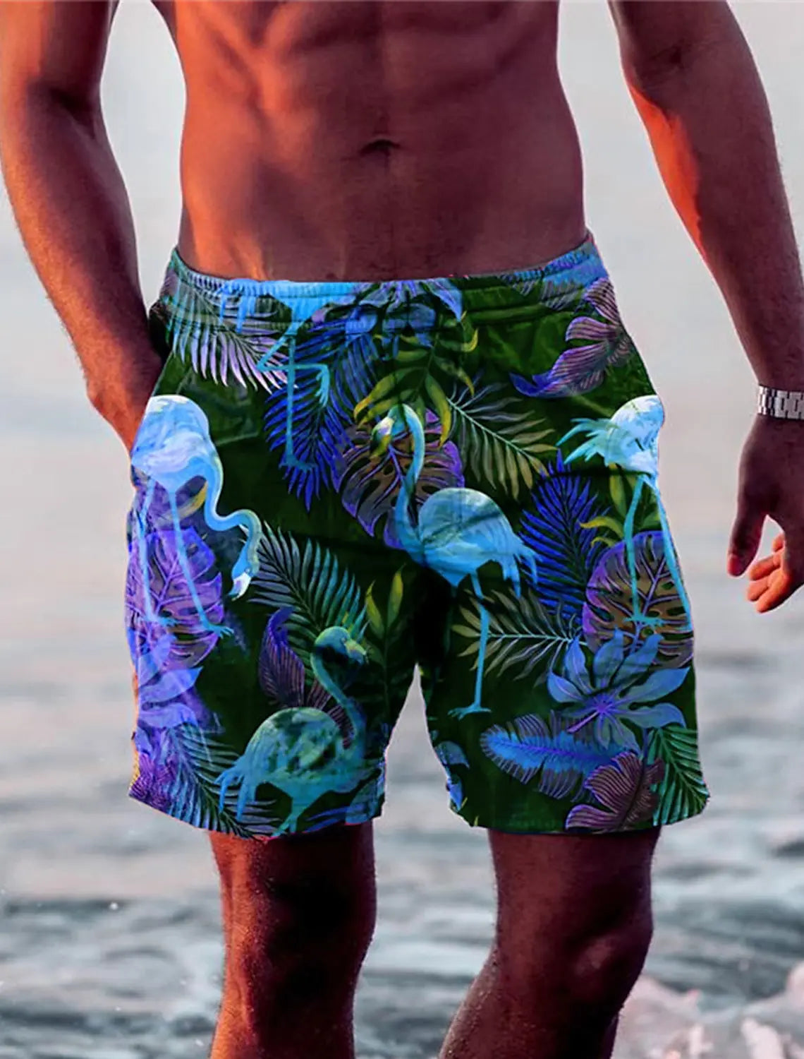 Men's Shorts Swim Trunks Drawstring Leaf Flamingo Graphics Quick Dry Short Casual Holiday Hawaiian Micro-elastic