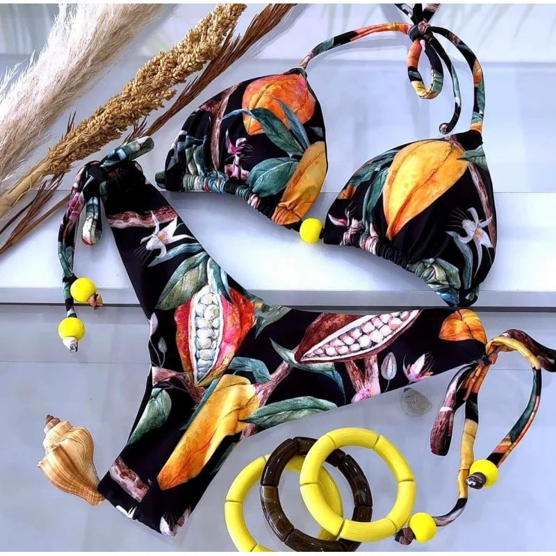 Bikini Digital Printed Lace-up Halterneck Triangle Split Swimsuit Female String Bikini