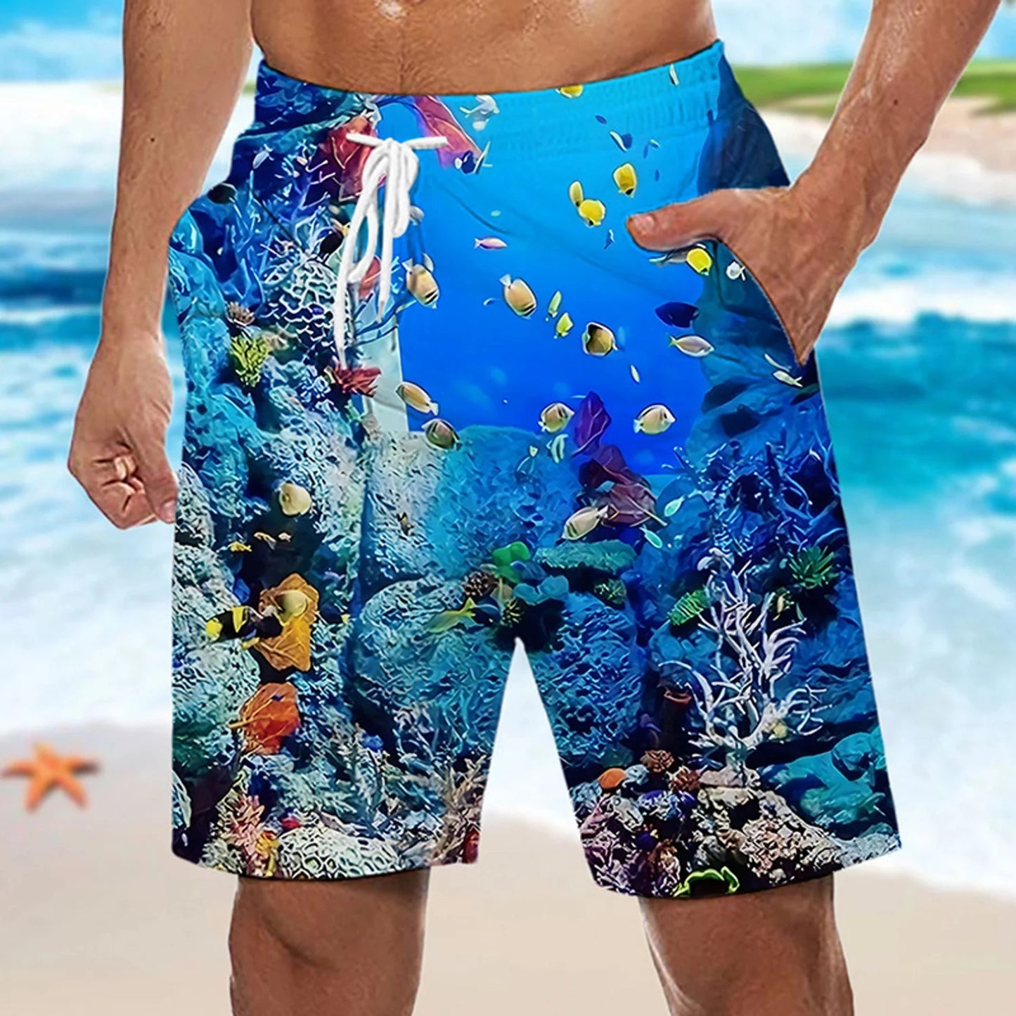 Ocean Fish Graphic Printed Men's Swim Board Shorts Hawaiian Boho Casual Summer Beach Swimming Shorts Breathable Shorts for Man