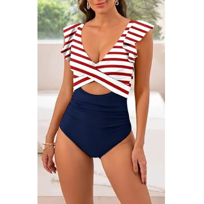 Nadanbao Fashion Elegance One-Piece Swimsuit Women Plicated Bikini Female Hollow Out Backless Flounce Beach Party Swimming Suit