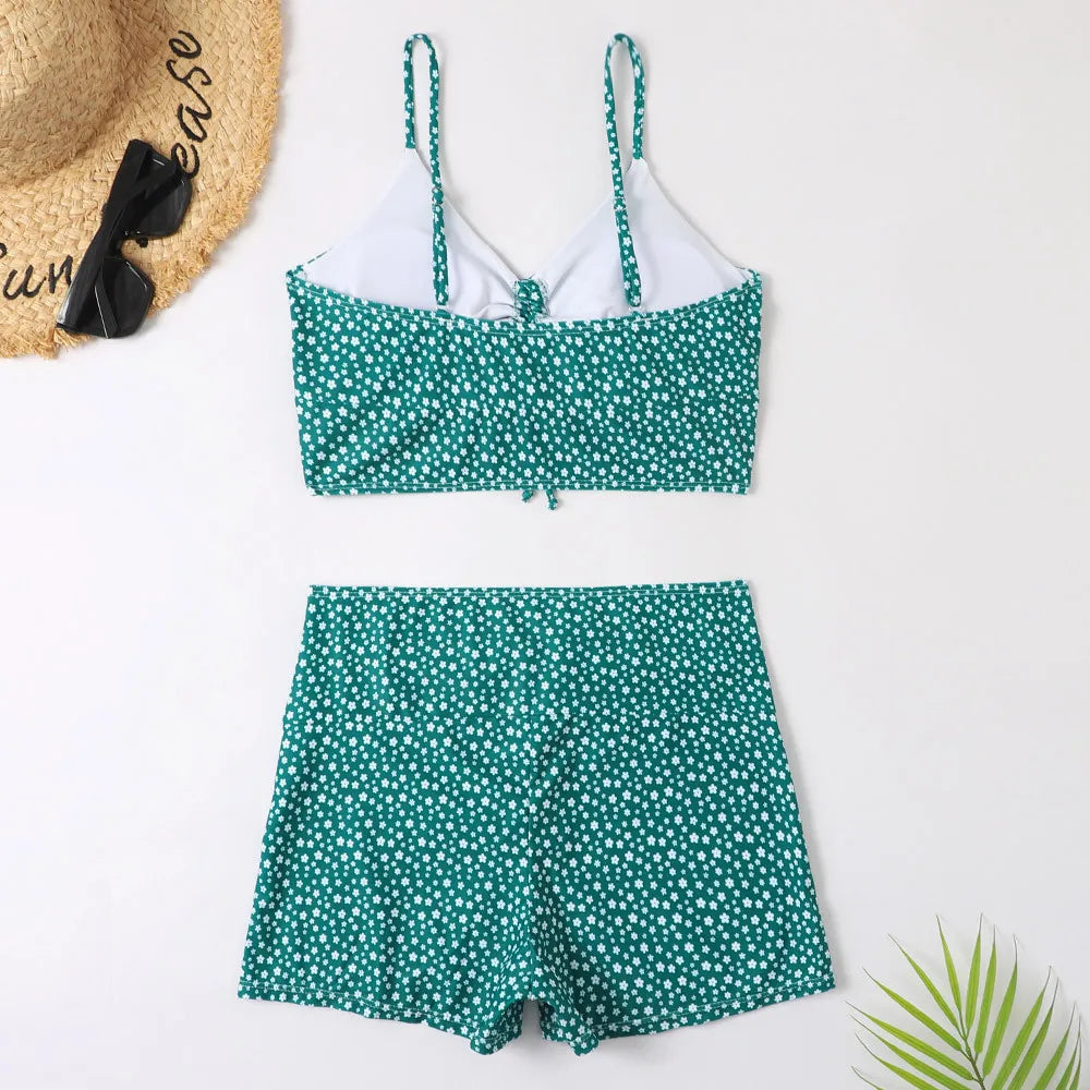 High Waist Bikini Swimsuit Women Floral Print Swim Suits Drawstring Front Shorts Boxers Swimwear Trunks Pool Bathing Suit