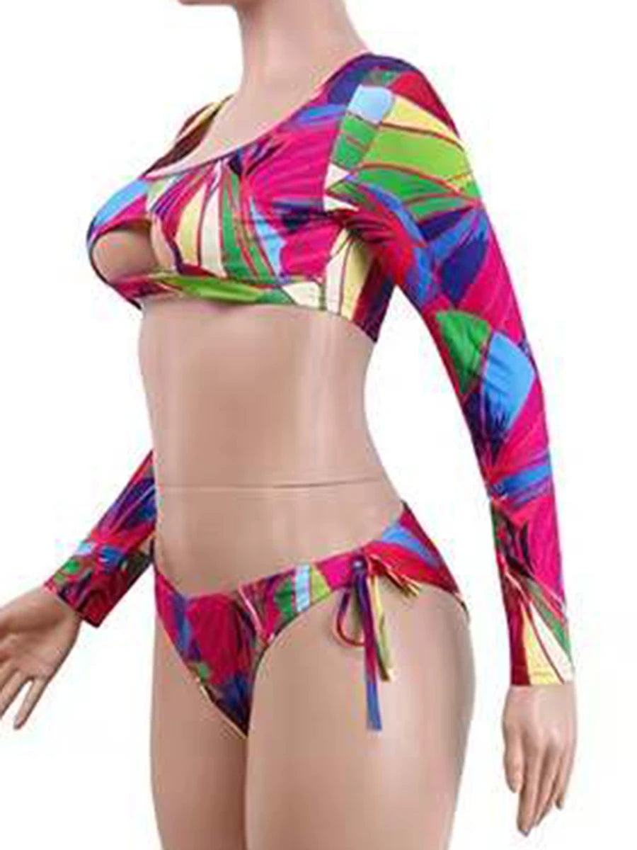 Surf Swimsuit Long Sleeve Printed Swimwear Women String Two Piece Rashguard Diving Clothes Bathing Swimming Suit