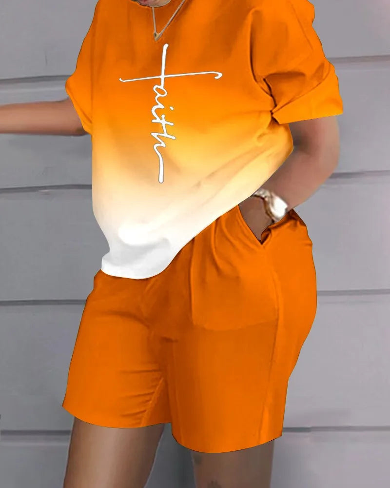 Women Casual Short Sleeve Two Piece Sets Womens Outifits Summer Letter Printed Pocket Suit Female T-shirt Shorts Matching Sets