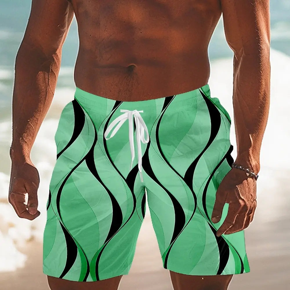 Men's Hawaiian swimming trunks 3D simple line printing shorts quick-drying outdoor leisure sports shorts fashionable men's short